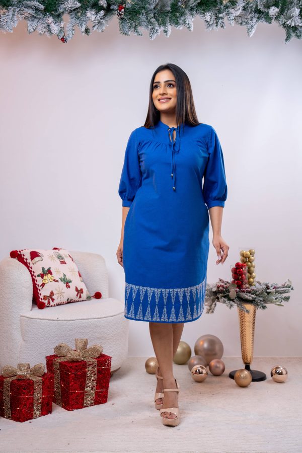 Embroidered Neck Tie Up Short Dress - Image 4