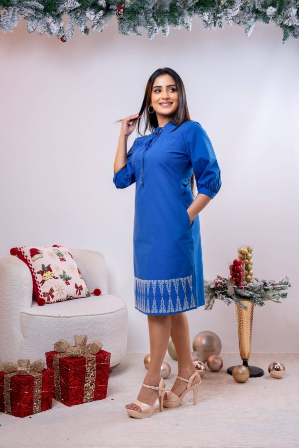 Embroidered Neck Tie Up Short Dress - Image 3