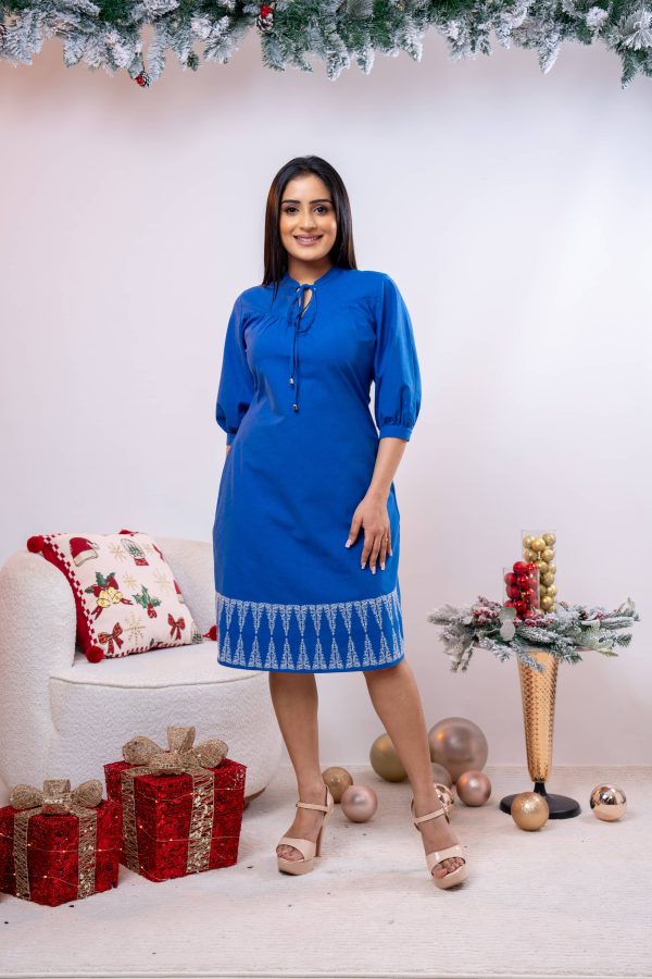 Embroidered Neck Tie Up Short Dress - Image 2