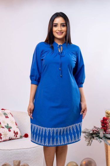 Embroidered Neck Tie Up Short Dress