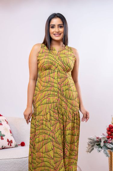 Patterned Sleeveless Button Up Dress