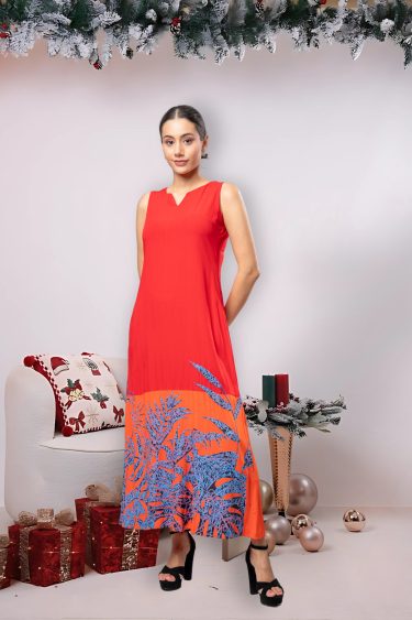 Two toned leaf printed sleeveless maxi dress