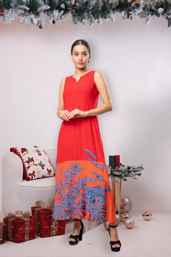 Two toned leaf printed sleeveless maxi dress - Image 3