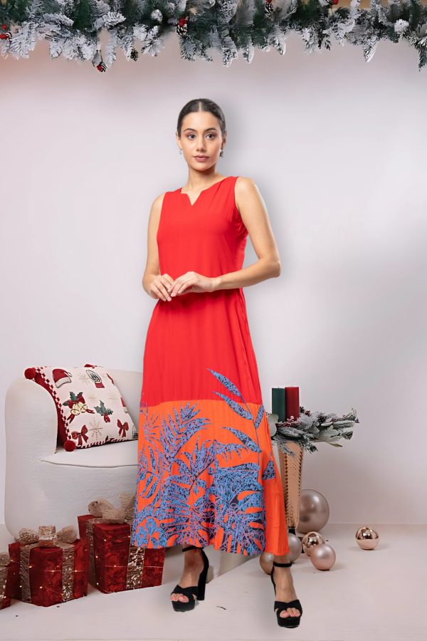 Two toned leaf printed sleeveless maxi dress - Image 3