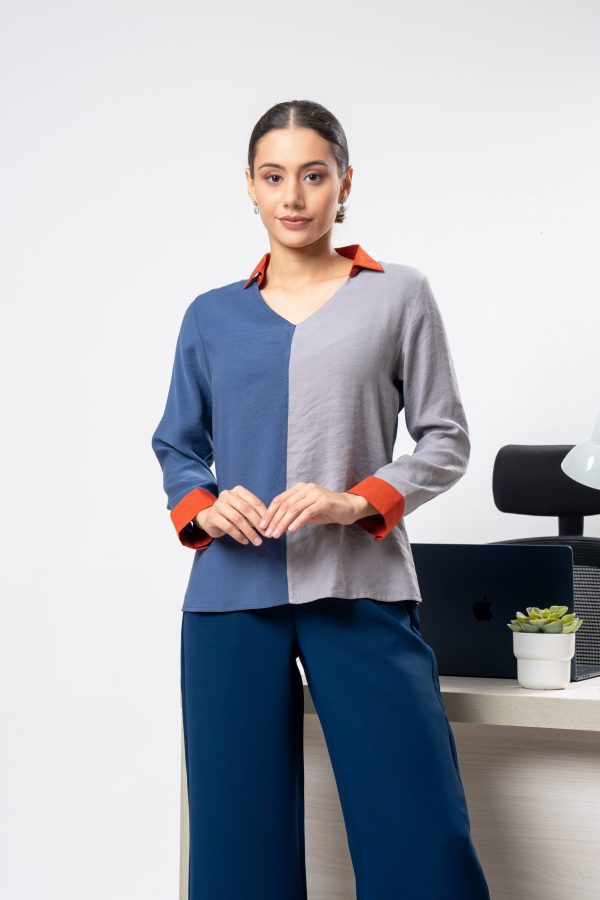 Three-Tone Shirt Collared Blouse
