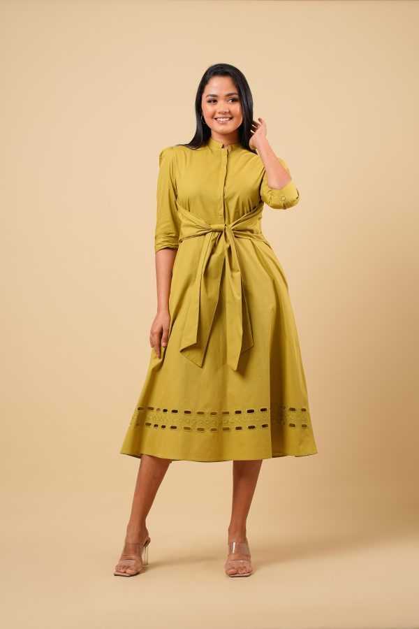 Cut Embroidered Front Tie-Up Midi Dress