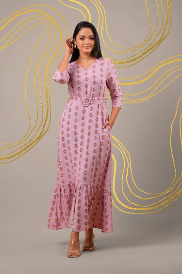 Floral Patterned Frilled Detail Belted Maxi Dress