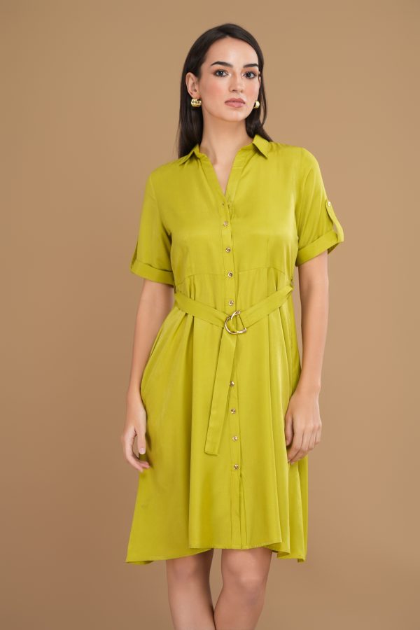 Shirt Collar Front Open Flared Short Dress - Image 3