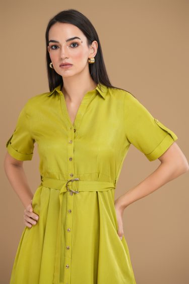 Shirt Collar Front Open Flared Short Dress
