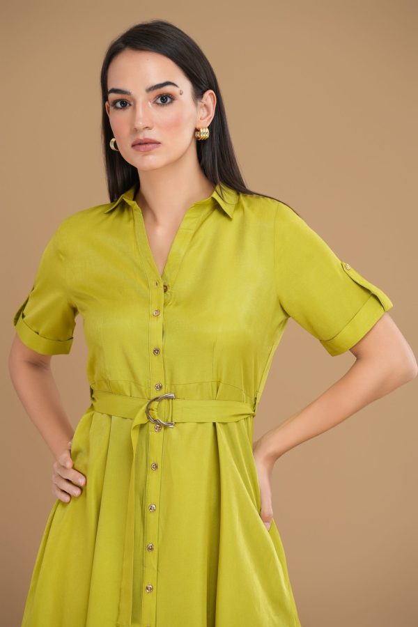 Shirt Collar Front Open Flared Short Dress