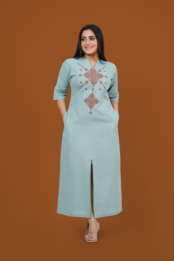 Notch Neck Front Slit Embroidered Maxi Dress - Image 3