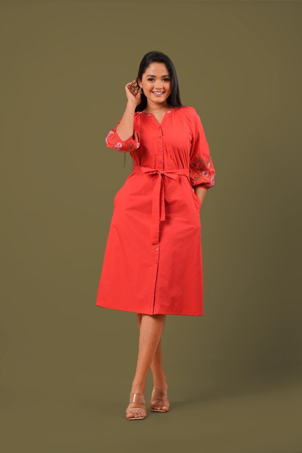 Sleeve Embroidered Button Up Short Dress - Image 5