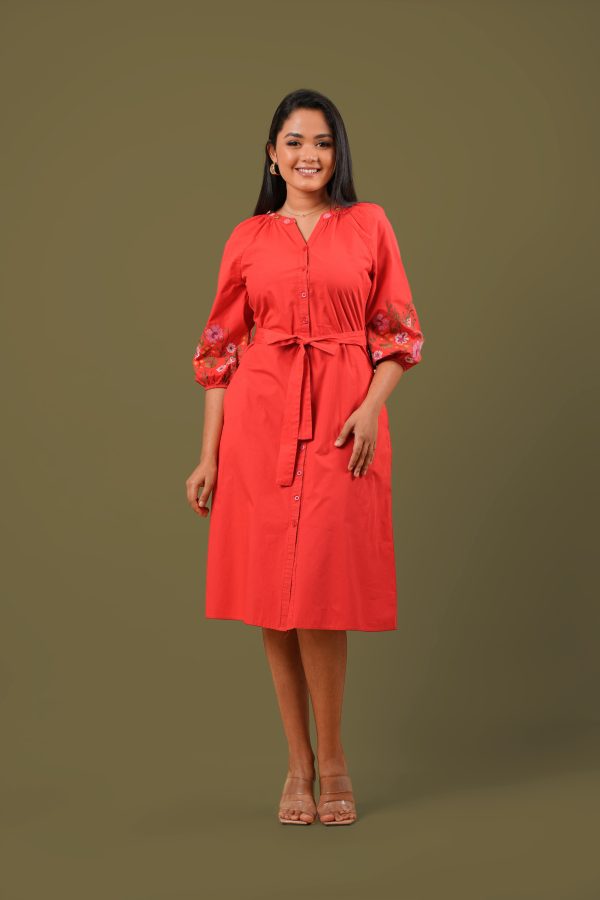 Sleeve Embroidered Button Up Short Dress - Image 4