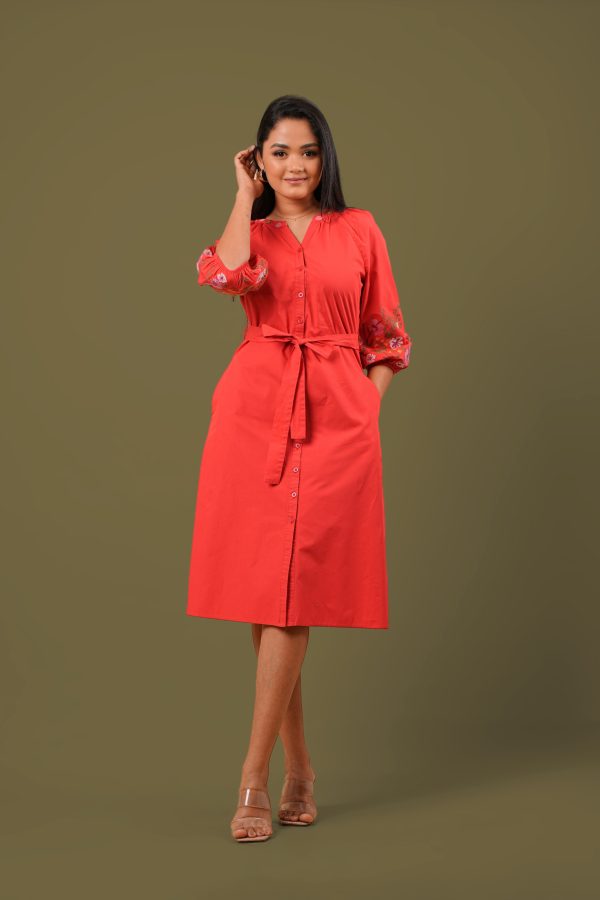 Sleeve Embroidered Button Up Short Dress - Image 3