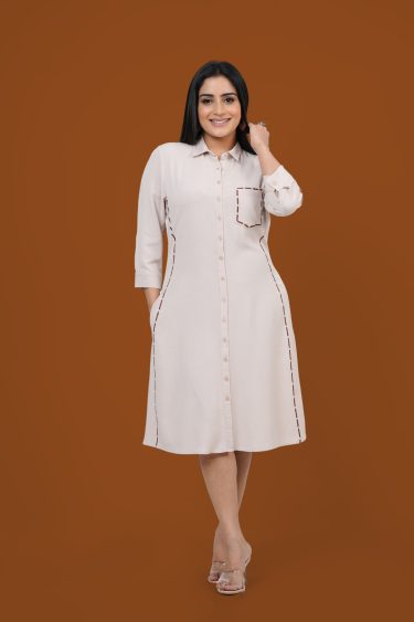 Line Embroidered Detail Shirt Dress