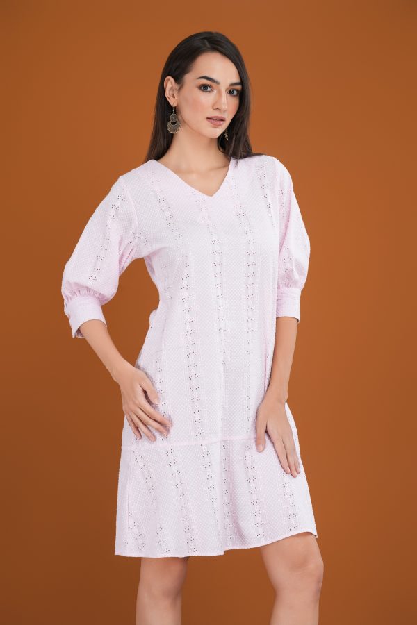 Loose Fitted Cut Lawn V-Neck Short Dress - Image 4