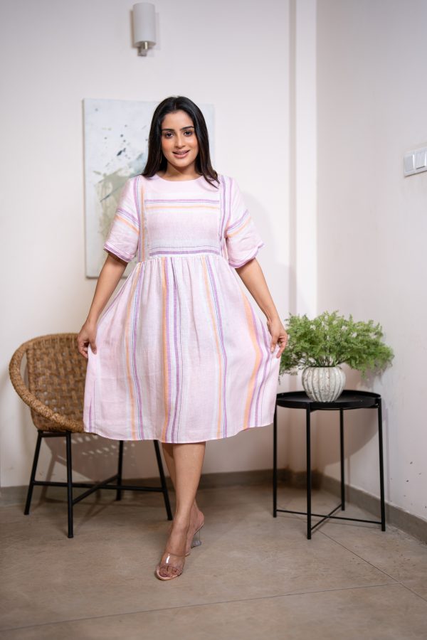 Stripe Printed Round Neck Short Dress - Image 4