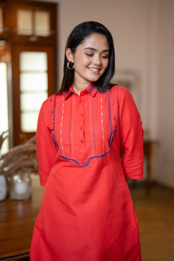 Half Placket Embroidery Detailed Short Shirt Dress - Image 2