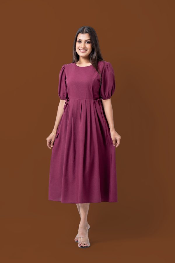 Side Tie-Up Puff Sleeve Front Knife Pleat Detailed Midi Dress - Image 4
