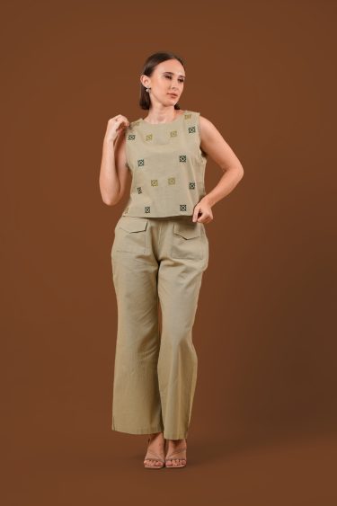 Embroidered Casual Sleeveless Top and Pants Set