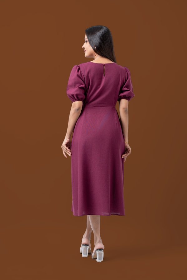 Side Tie-Up Puff Sleeve Front Knife Pleat Detailed Midi Dress - Image 3