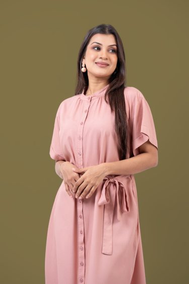 Loose Fitted Maggie Sleeve Front Tie-Up Midi Dress