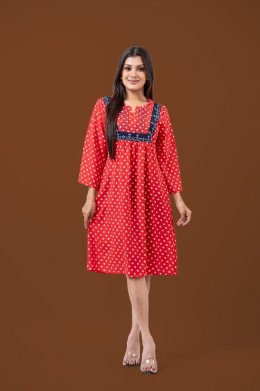 Polka Dot Colour Block Embroidery Detail Short Dress