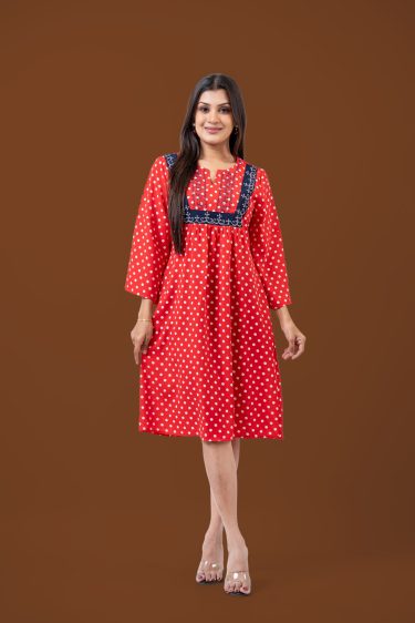 Polka Dot Colour Block Embroidery Detail Short Dress