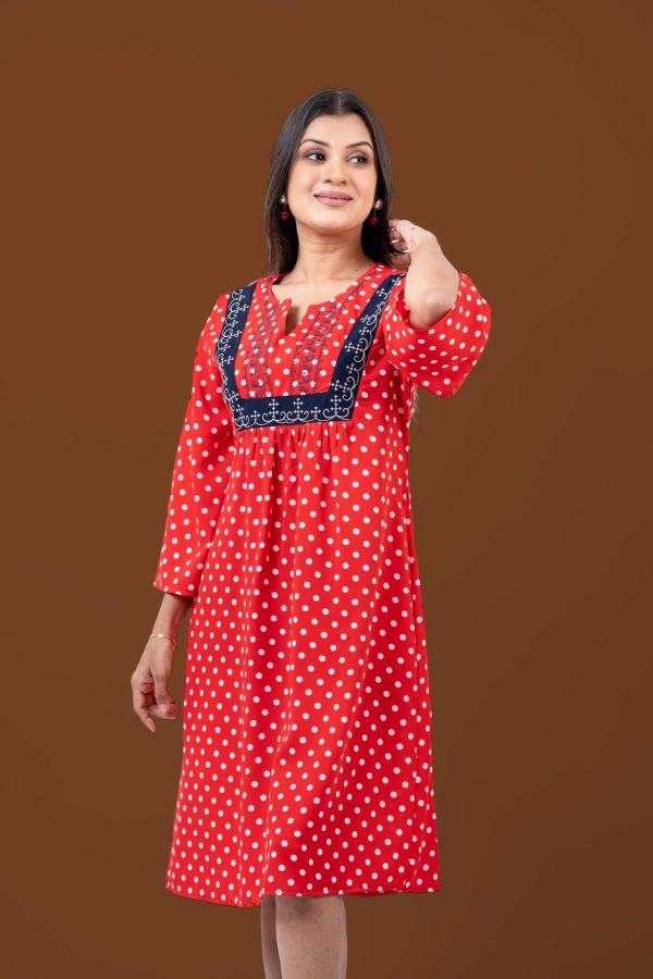 Polka Dot Colour Block Embroidery Detail Short Dress - Image 4