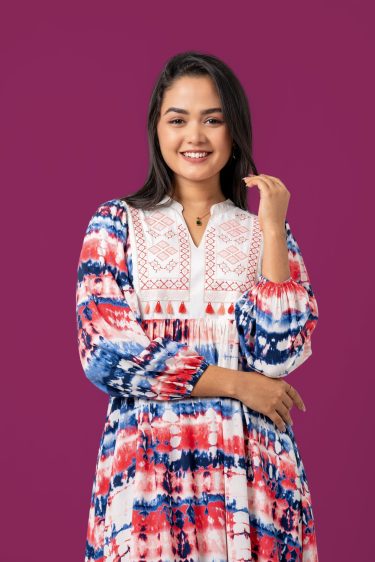 Tie-Dye Patterned Embroidery Detail Midi Dress