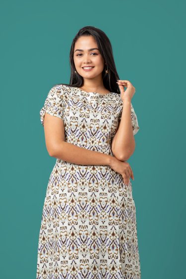 Abstract Patterned Front Slit Detail Midi Dress