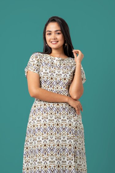Abstract Patterned Front Slit Detail Midi Dress