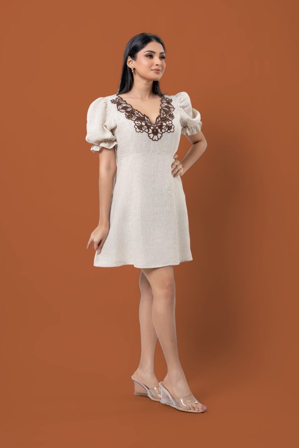 Cut Embroidery Detailed Puff Sleeve Mini Dress - Image 3
