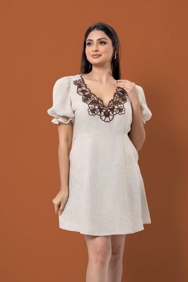 Cut Embroidery Detailed Puff Sleeve Mini Dress - Image 2
