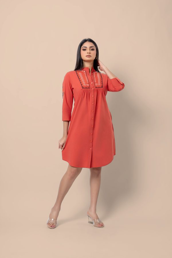 Embroidered Front Gather Detail Short Dress - Image 3