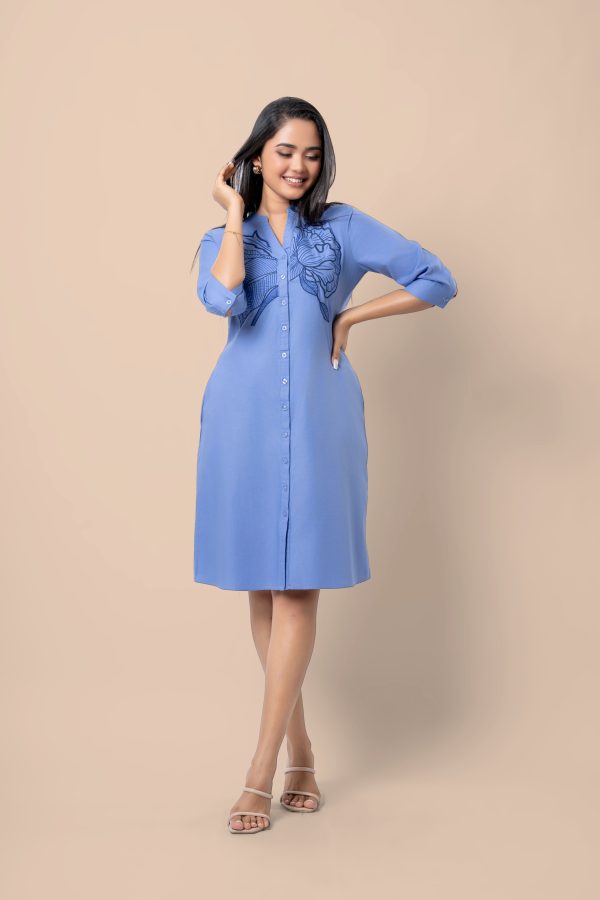 Floral Embroidery Detail Button-Down Short Dress - Image 5