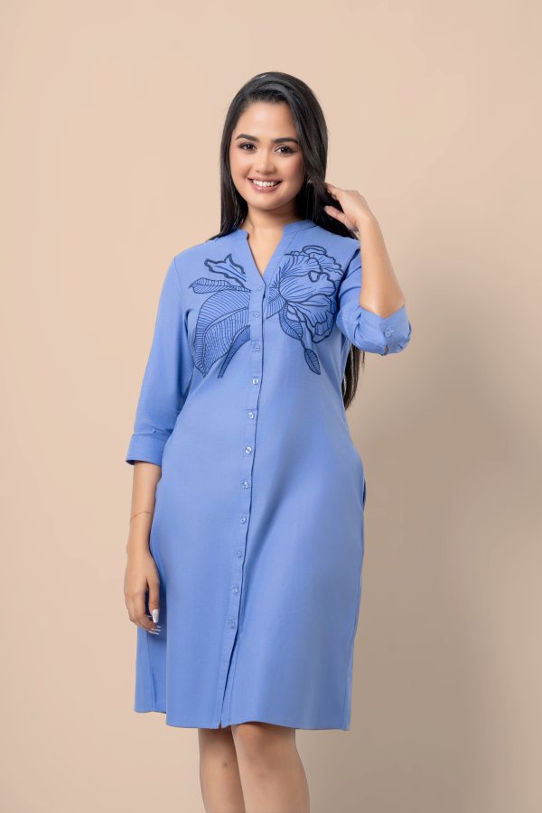 Floral Embroidery Detail Button-Down Short Dress - Image 2