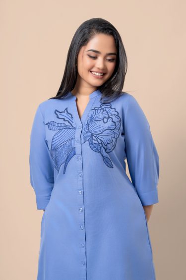Floral Embroidery Detail Button-Down Short Dress