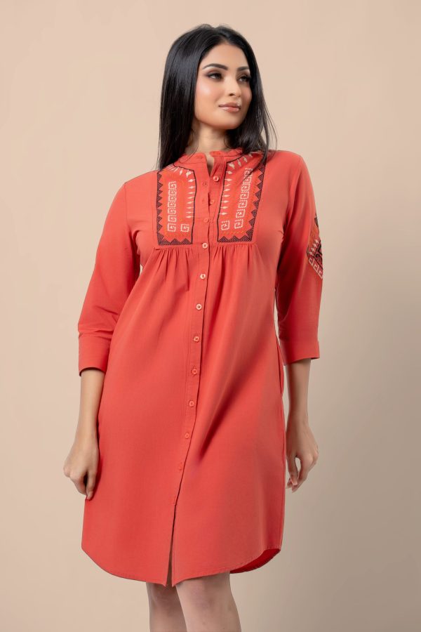 Embroidered Front Gather Detail Short Dress - Image 2