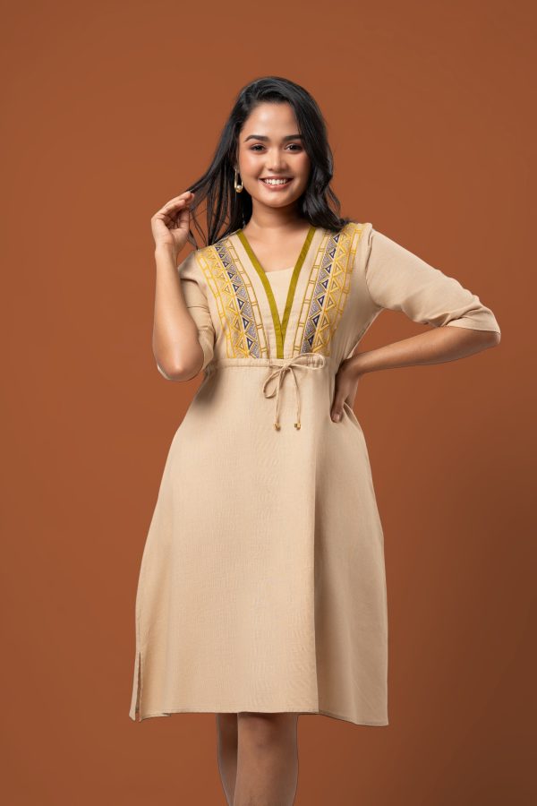 Colourblock Embroidery Detail Waist Tie-Up Short Dress - Image 3