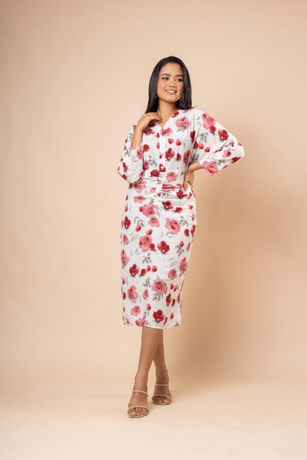 Rose Patterned Front Ruching Detail Midi Dress - Image 6