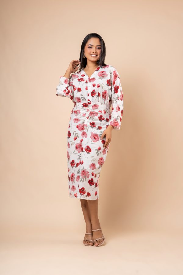 Rose Patterned Front Ruching Detail Midi Dress - Image 5