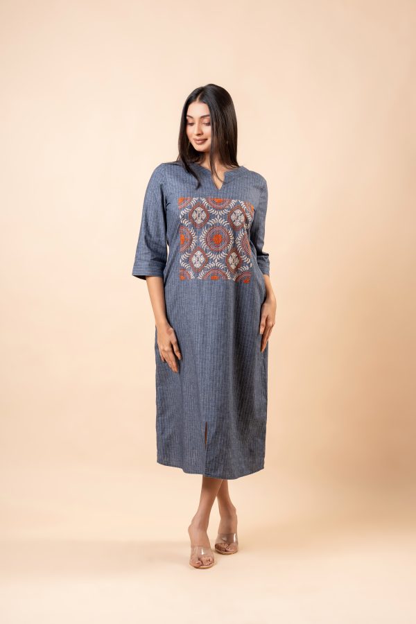 Geometric Floral Embroidered Striped Midi Dress - Image 2