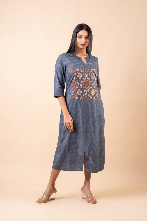 Geometric Floral Embroidered Striped Midi Dress - Image 4
