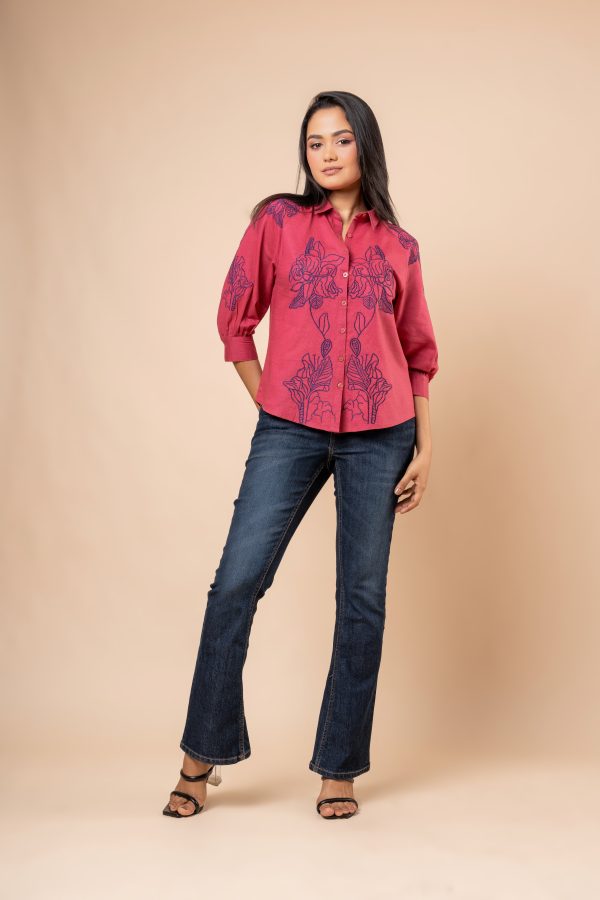 Floral Embroidery Detail Button-Down Blouse - Image 3