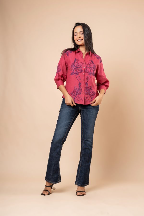 Floral Embroidery Detail Button-Down Blouse - Image 4
