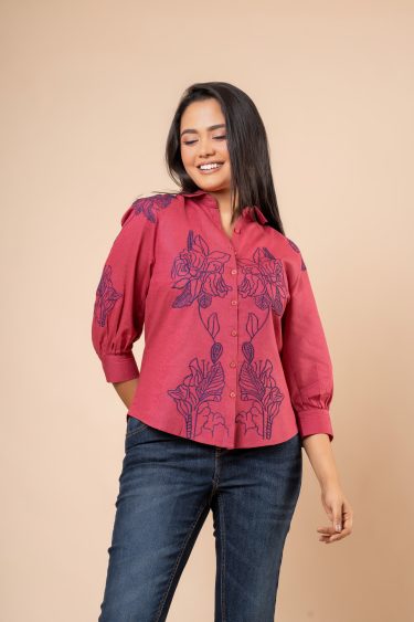 Floral Embroidery Detail Button-Down Blouse