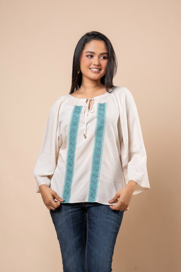 Front Tie-Up Detail Embroidered Blouse - Image 2