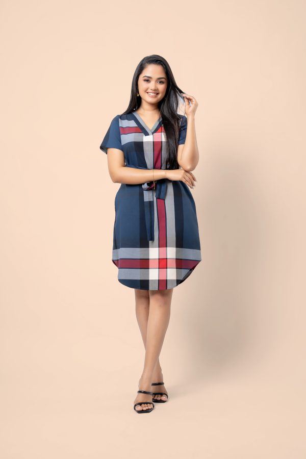 Waist Tie-Up Detail V-Neck Plaid Short Dress - Image 2