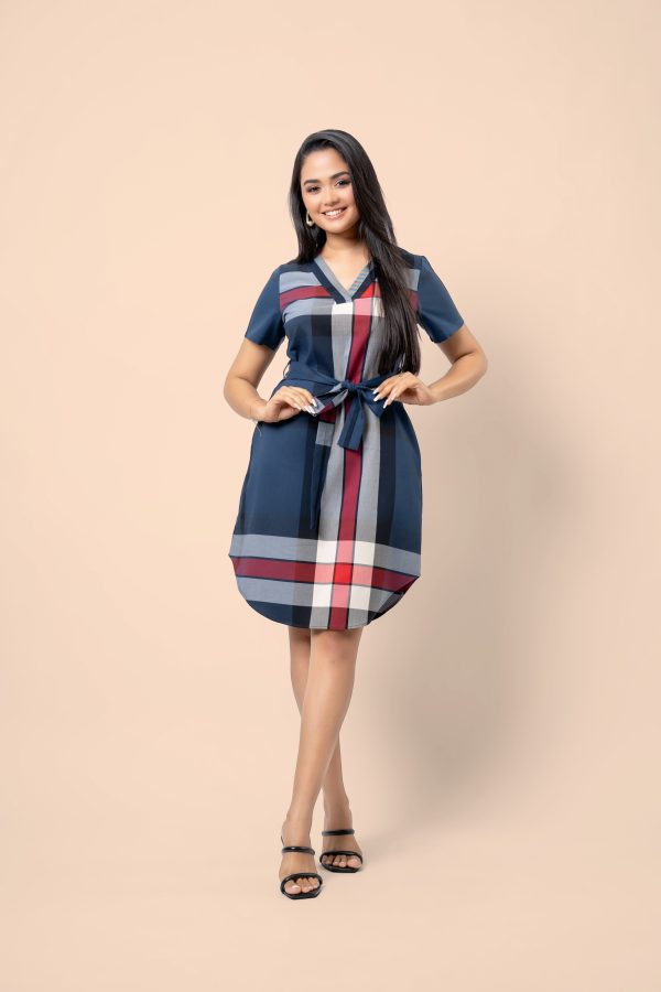 Waist Tie-Up Detail V-Neck Plaid Short Dress - Image 4